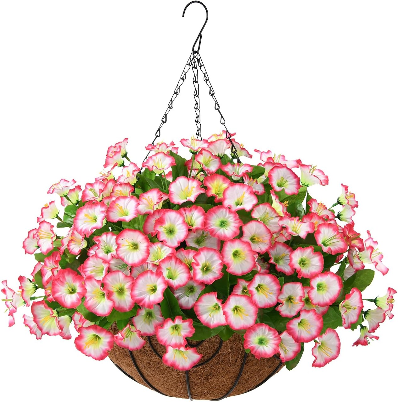 Silk Flower Hanging Basket: Lifelike Artificial Flowers in Coconut Lined Pot
